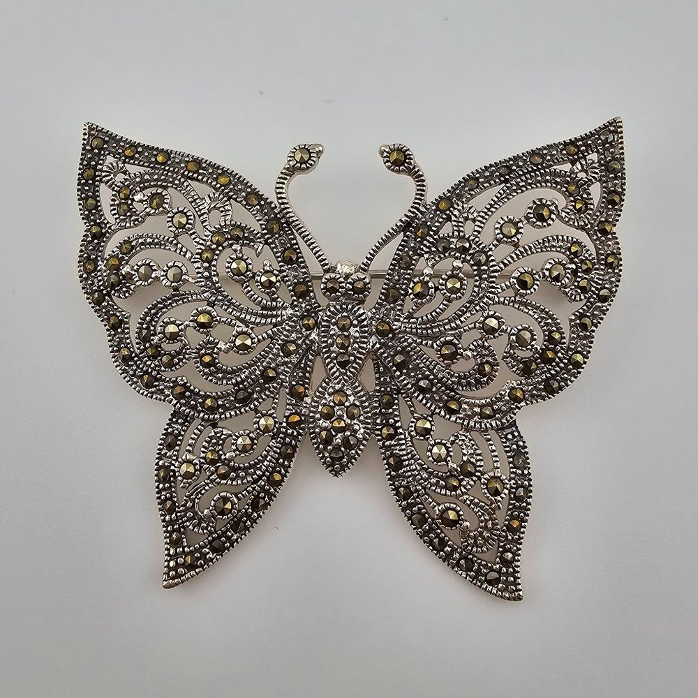 Large Sterling Silver Marcasite Butterfly Pin Brooch